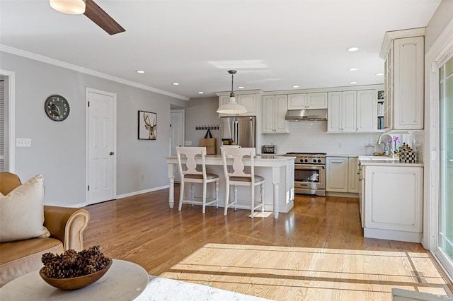 kitchen featuring a breakfast bar area, light wood-style flooring, under cabinet range hood, appliances with stainless steel finishes, and tasteful backsplash