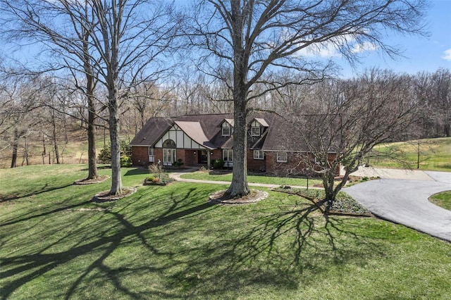 view of front of house featuring aphalt driveway, brick siding, and a front yard