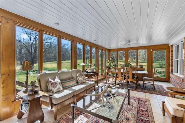 sunroom featuring tile patterned floors and wooden ceiling