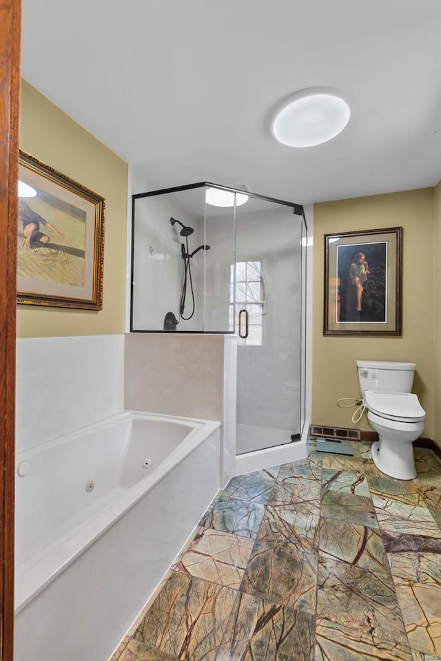 bathroom with toilet, a whirlpool tub, baseboards, and a shower stall