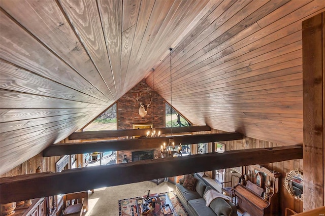 interior space featuring carpet floors, wooden ceiling, wood walls, and lofted ceiling