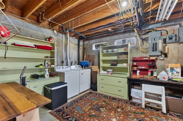 washroom with washer and clothes dryer, laundry area, and electric panel