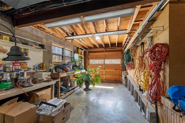 garage with a workshop area