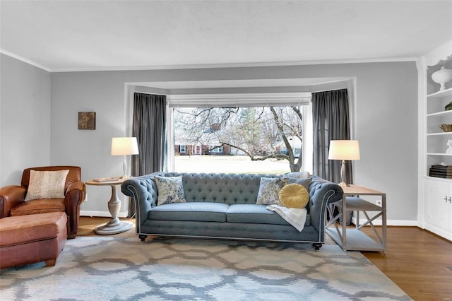 living area featuring wood finished floors, baseboards, and ornamental molding