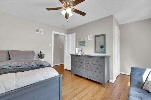 bedroom with visible vents, light wood-style flooring, baseboards, and ceiling fan