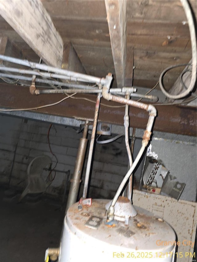 details featuring concrete block wall, water heater, and crawl space