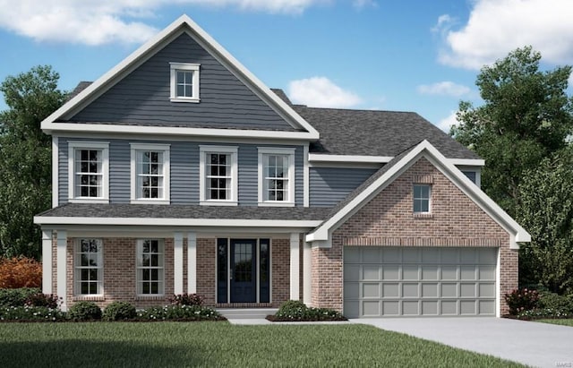 view of front of property featuring brick siding, driveway, a shingled roof, and a front yard