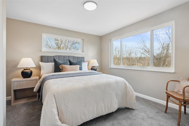 bedroom featuring multiple windows, baseboards, and carpet