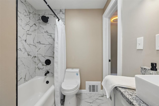 bathroom with baseboards, visible vents, toilet, marble finish floor, and shower / tub combo with curtain