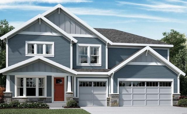 craftsman inspired home featuring stone siding, board and batten siding, driveway, and a shingled roof