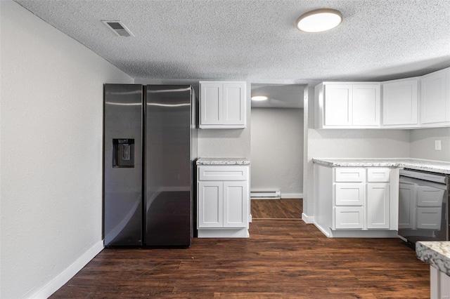 kitchen featuring dark wood-style floors, baseboards, stainless steel refrigerator with ice dispenser, and a baseboard radiator