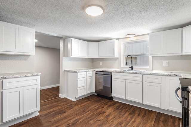 kitchen featuring a sink, dark wood-type flooring, dishwasher, white cabinets, and range