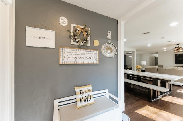 dining area with visible vents, recessed lighting, ceiling fan, and wood finished floors