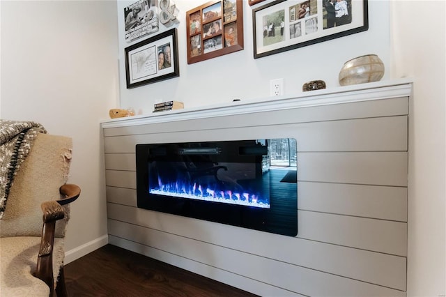 interior details featuring a glass covered fireplace, baseboards, and wood finished floors