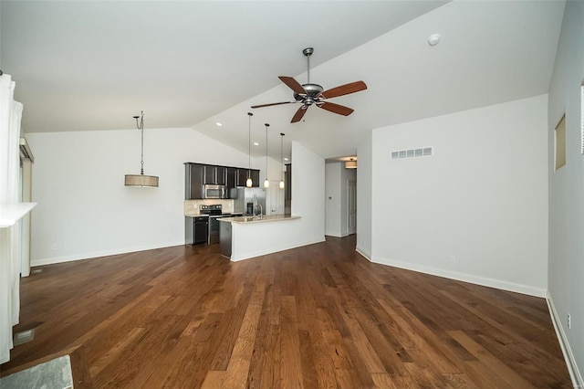 unfurnished living room with visible vents, high vaulted ceiling, a ceiling fan, baseboards, and dark wood-style flooring