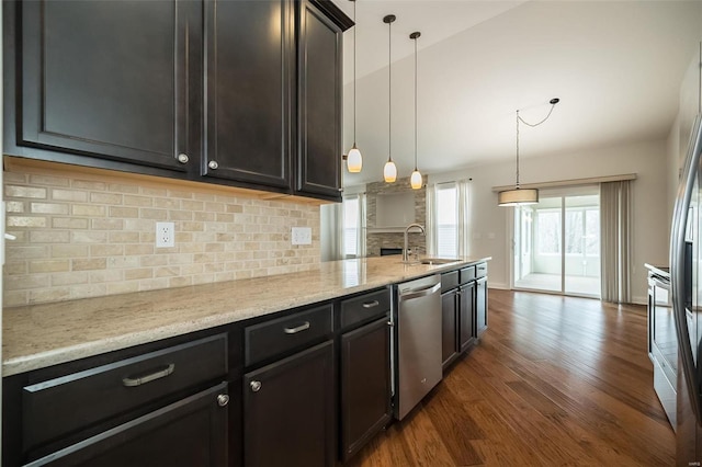 kitchen featuring a sink, light stone counters, backsplash, stainless steel dishwasher, and dark wood-style flooring