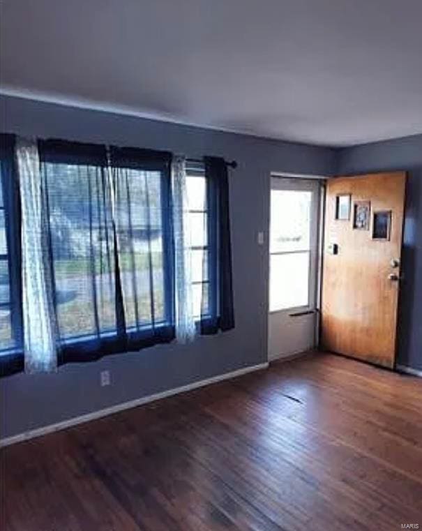 foyer entrance with baseboards, plenty of natural light, and wood finished floors