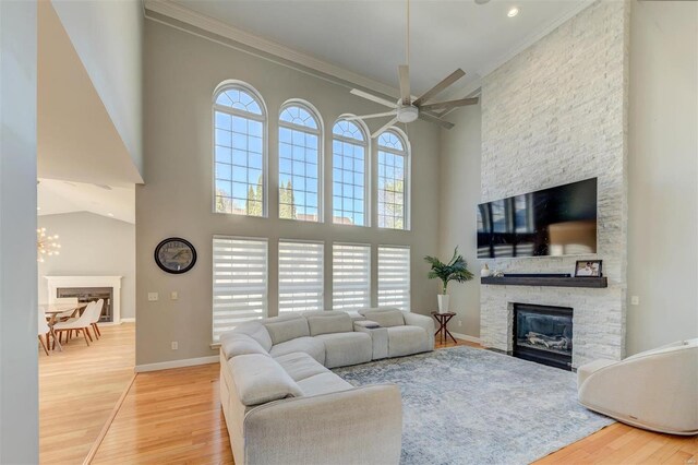 living room featuring a wealth of natural light, a fireplace, and wood finished floors