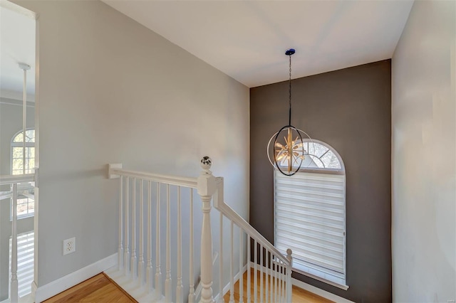 staircase with an inviting chandelier, wood finished floors, a healthy amount of sunlight, and baseboards