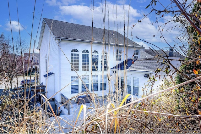 rear view of house featuring roof with shingles