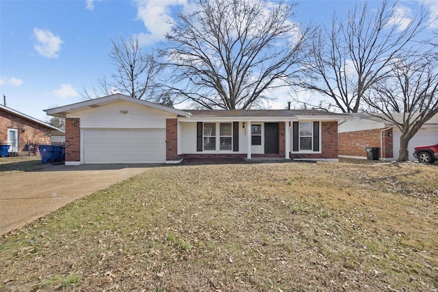 single story home with concrete driveway, a garage, and brick siding