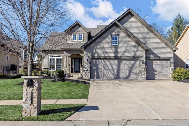 view of front facade featuring a garage, stone siding, concrete driveway, and a front lawn