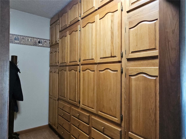 details featuring baseboards, a textured ceiling, and wood finished floors