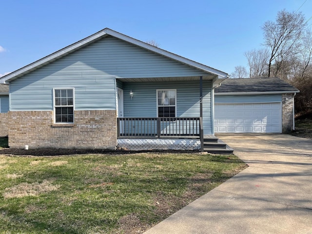 view of front facade featuring brick siding, a front lawn, a porch, concrete driveway, and an attached garage