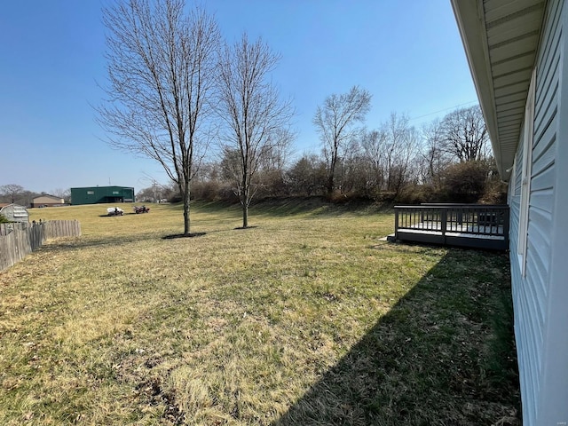 view of yard with a wooden deck and fence