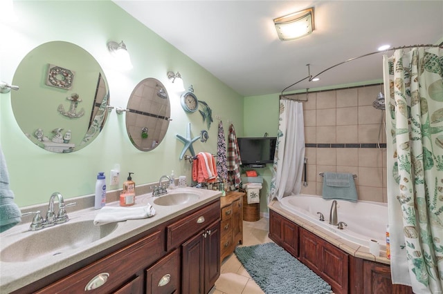 full bath featuring tile patterned floors, double vanity, a sink, and shower / bathtub combination with curtain
