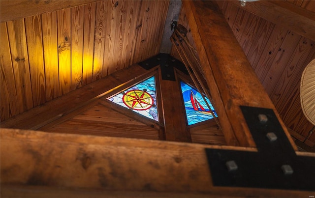 room details featuring wood walls