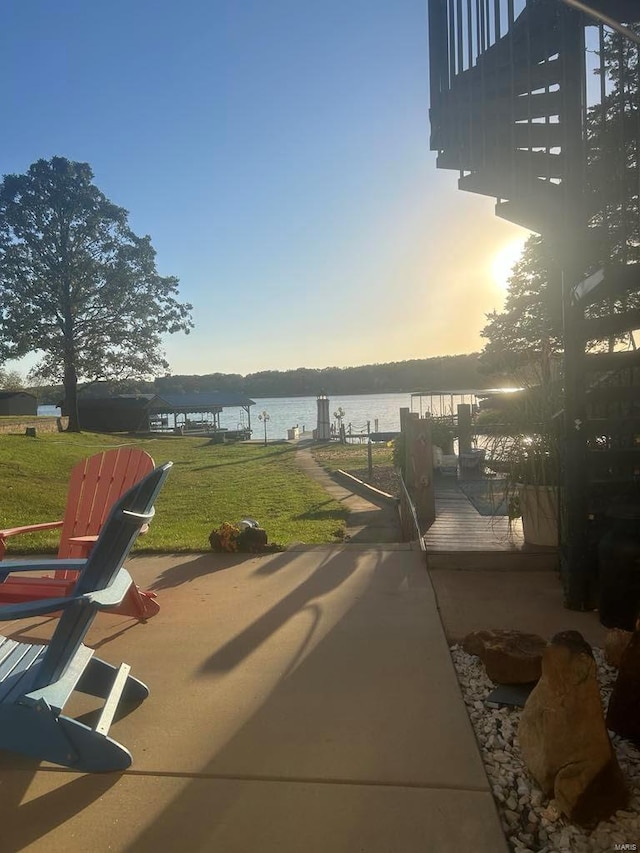 exterior space with a water view