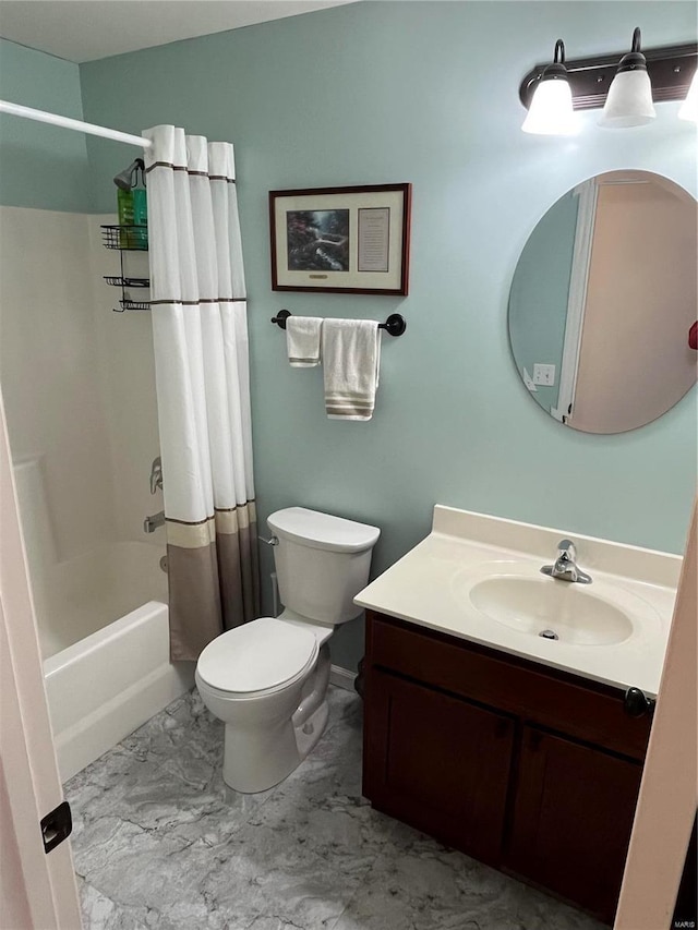 full bath with toilet, shower / tub combo with curtain, and vanity