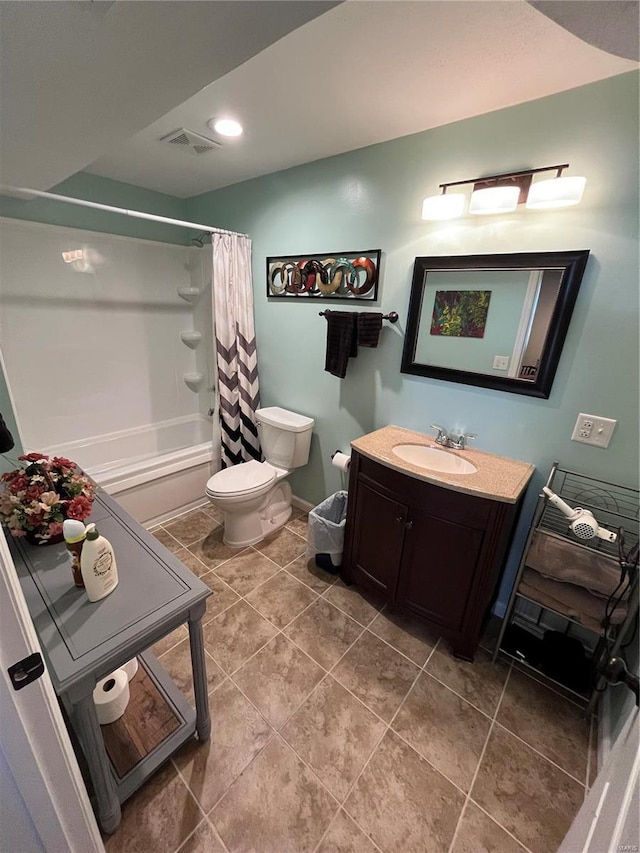 bathroom featuring tile patterned flooring, visible vents, toilet, vanity, and shower / bathtub combination with curtain