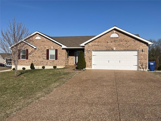 ranch-style home with a front lawn, driveway, an attached garage, a shingled roof, and brick siding