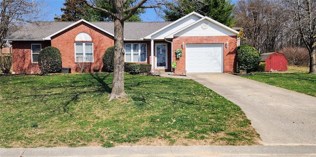 ranch-style home featuring a front lawn, a garage, brick siding, and concrete driveway