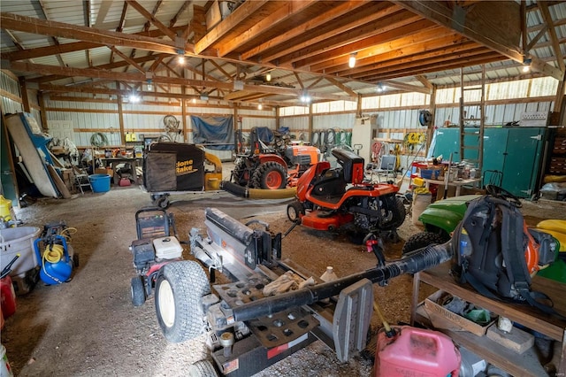garage with a workshop area