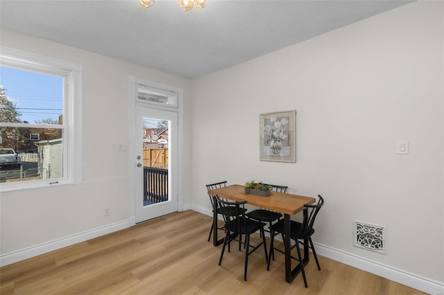 dining area featuring wood finished floors, visible vents, and baseboards