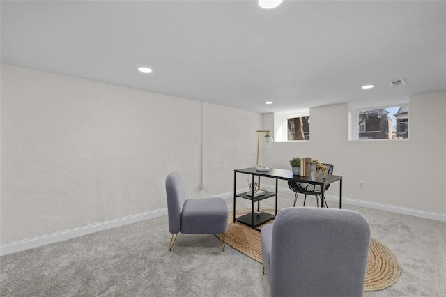 office space with recessed lighting, carpet, visible vents, and baseboards