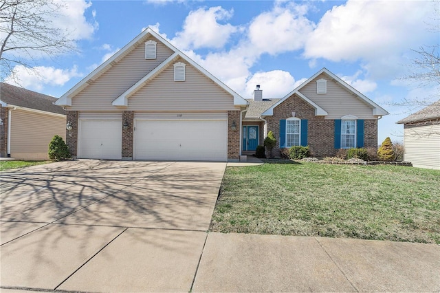 view of front of house featuring brick siding, an attached garage, concrete driveway, and a front yard