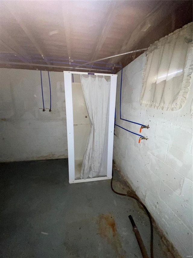 unfinished basement with concrete block wall