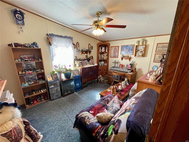 bedroom featuring dark carpet, a textured ceiling, ceiling fan, and ornamental molding