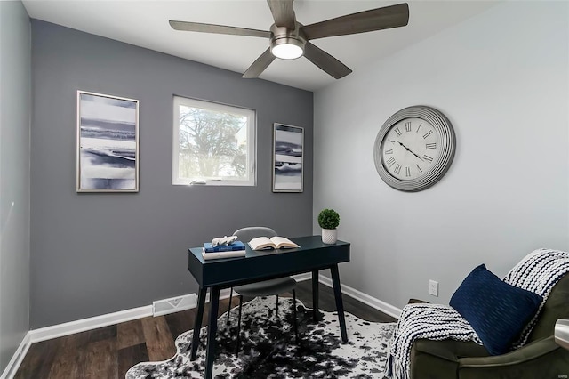 office space with a ceiling fan, wood finished floors, visible vents, and baseboards