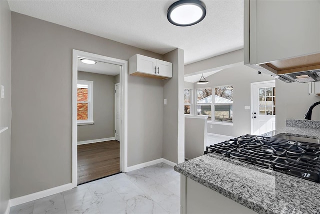 kitchen with marble finish floor, a healthy amount of sunlight, baseboards, and a sink