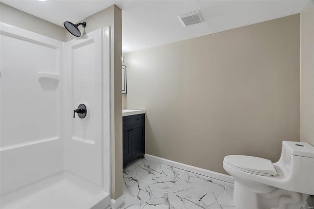 full bath with vanity, baseboards, visible vents, a stall shower, and marble finish floor