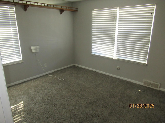 spare room with a wealth of natural light, visible vents, baseboards, and carpet