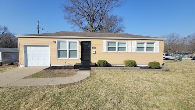 single story home with concrete driveway, an attached garage, and a front lawn