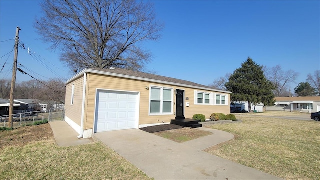 single story home with a front yard, fence, a garage, and driveway