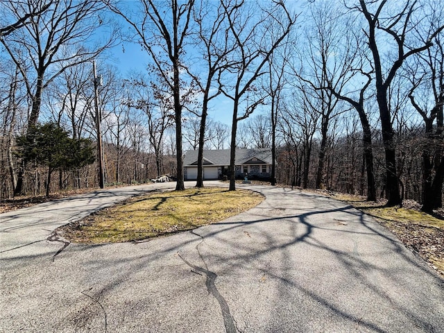 view of road featuring aphalt driveway and a view of trees