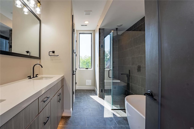 bathroom featuring visible vents, a stall shower, a freestanding bath, and a sink